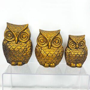 Brass Owls Gold Tone Wall Set 3 Hangings Decor MCM Bird Rustic Art Sculpted Vtg